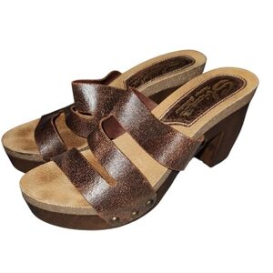 Sbicca Vintage Leather Brown Mules Chunky Heel Slip-On Sandals